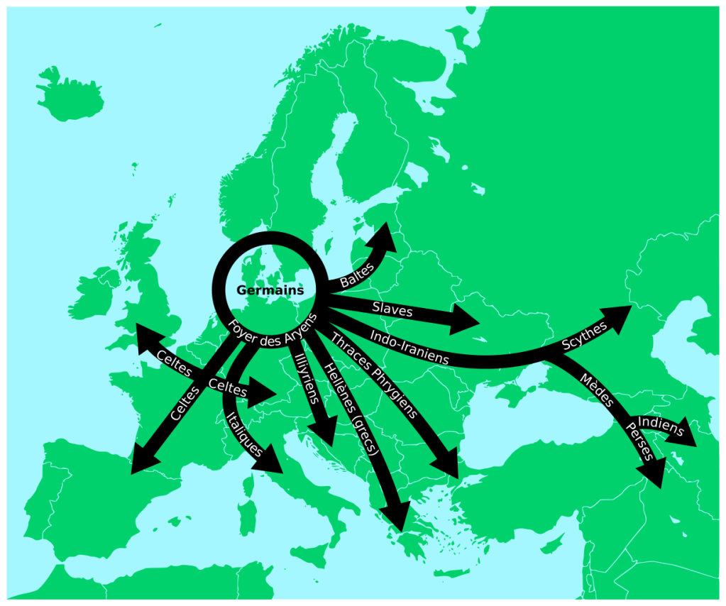 Carte de la diffusion des langues Indo-Européennes selon Gustaf Kossinna : une théorie nationaliste controversée. Par Antonin Cabioc’h