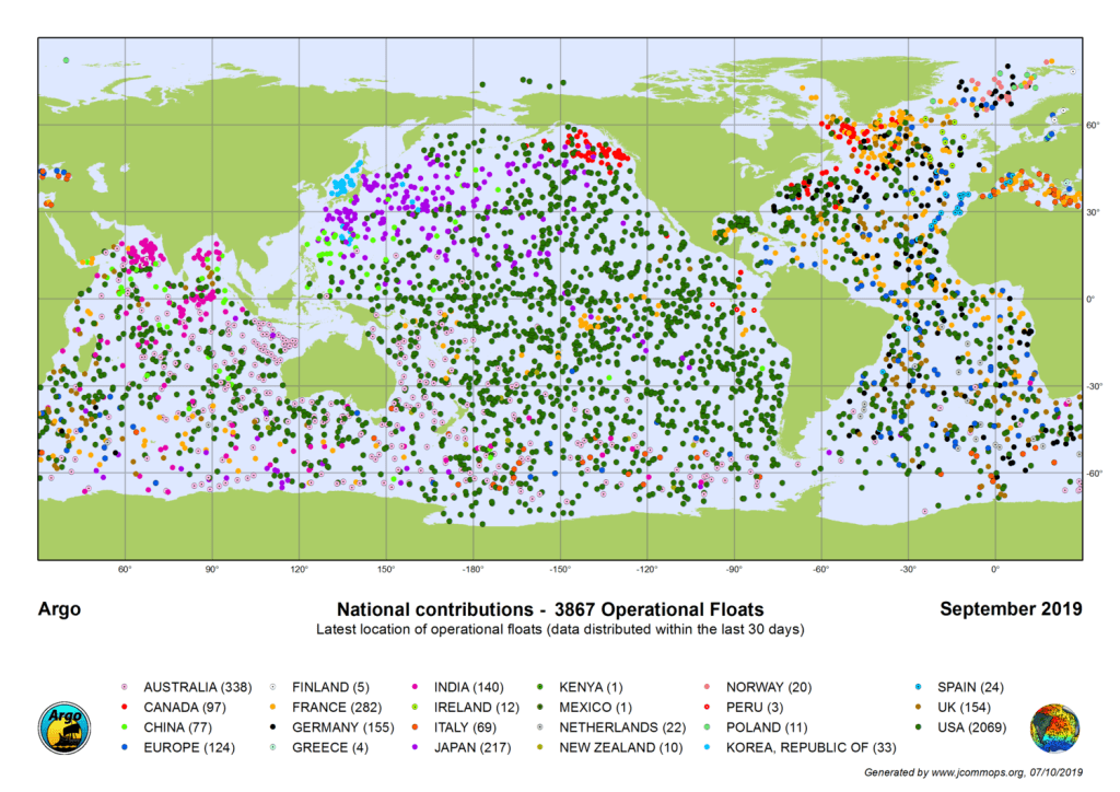 Répartition par pays des 3 867 flotteurs dans le monde septembre 2019 © JCOMMOPS