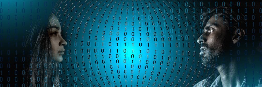 Un couple se regarde sur fond de 0 et de 1. Par geralt, https://pixabay.com/photos/human-person-man-woman-together-2923053/