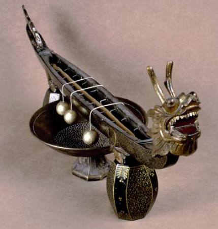 Photo d'une horloge à encens. Un encens est disposé au centre de la structure prenant la forme d'un dragon. Source : Olivier Garcin, Musée des Confluences, Lyon