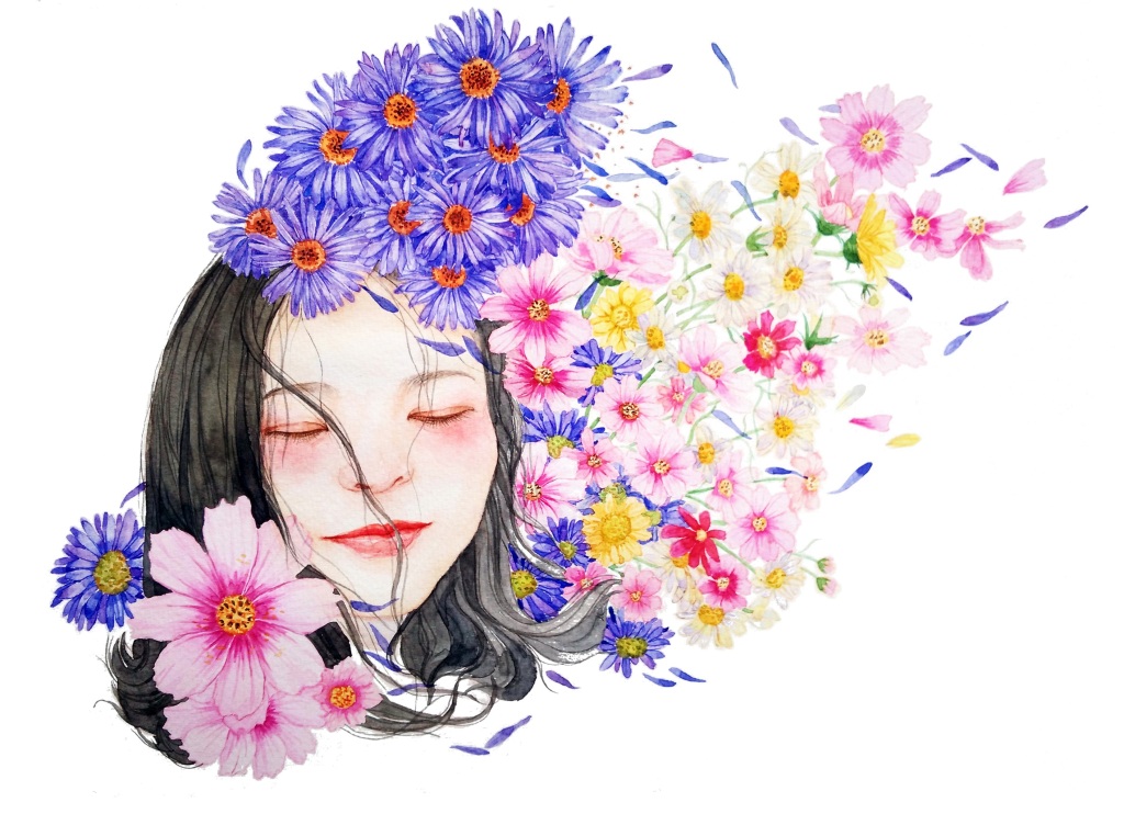 Portrait de jeune fille entourée de fleurs. Par jiao tang / https://pixabay.com/fr/illustrations/aquarelle-portrait-personnage-fille-1020509/?download