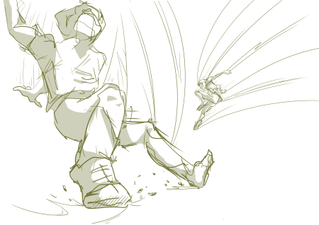 Dessin d'un personnage qui saute et dérape. Par Ilia Aïm