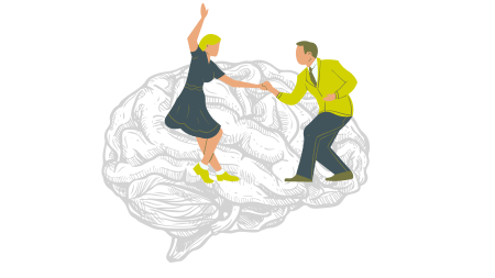 Dessin de deux personnes dansant sur un cerveau. Montage à partir de 2 images : vectortradition / sketchify, Canva, Canva Free Content License