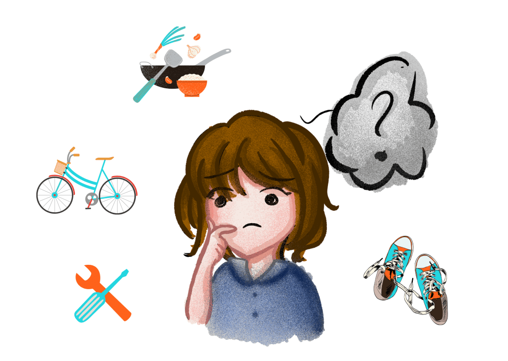 Dessin d'une personne confuse, entourée d'icônes qui représentent des activités du quotidien : faire du vélo, cuisiner, bricoler, lacer ses chaussures. Montage Canva par Lucie Terral, Canva Free Content License