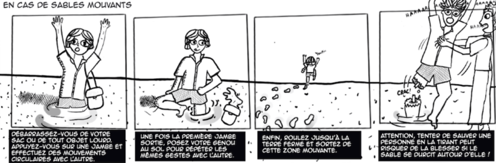 Ligne de BD sur comment se dégager des sables mouvants. Par Mahaut de Lataillade