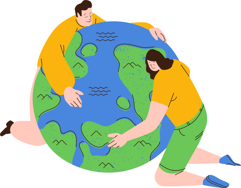 Illustration de deux personnes qui serrent le globe terrestre. Par Sketchify, Canva Content License