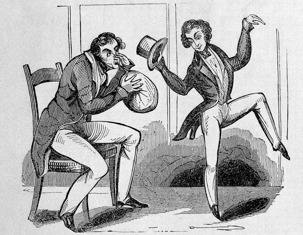 Un homme respirant du protoxyde d'azote et un homme exhibant ses effets exaltants. Gravure sur bois. Par Wikimedia Commons, licence libre / https://commons.wikimedia.org/wiki/File:A_man_breathing_in_nitrous_oxide_(cropped).jpg