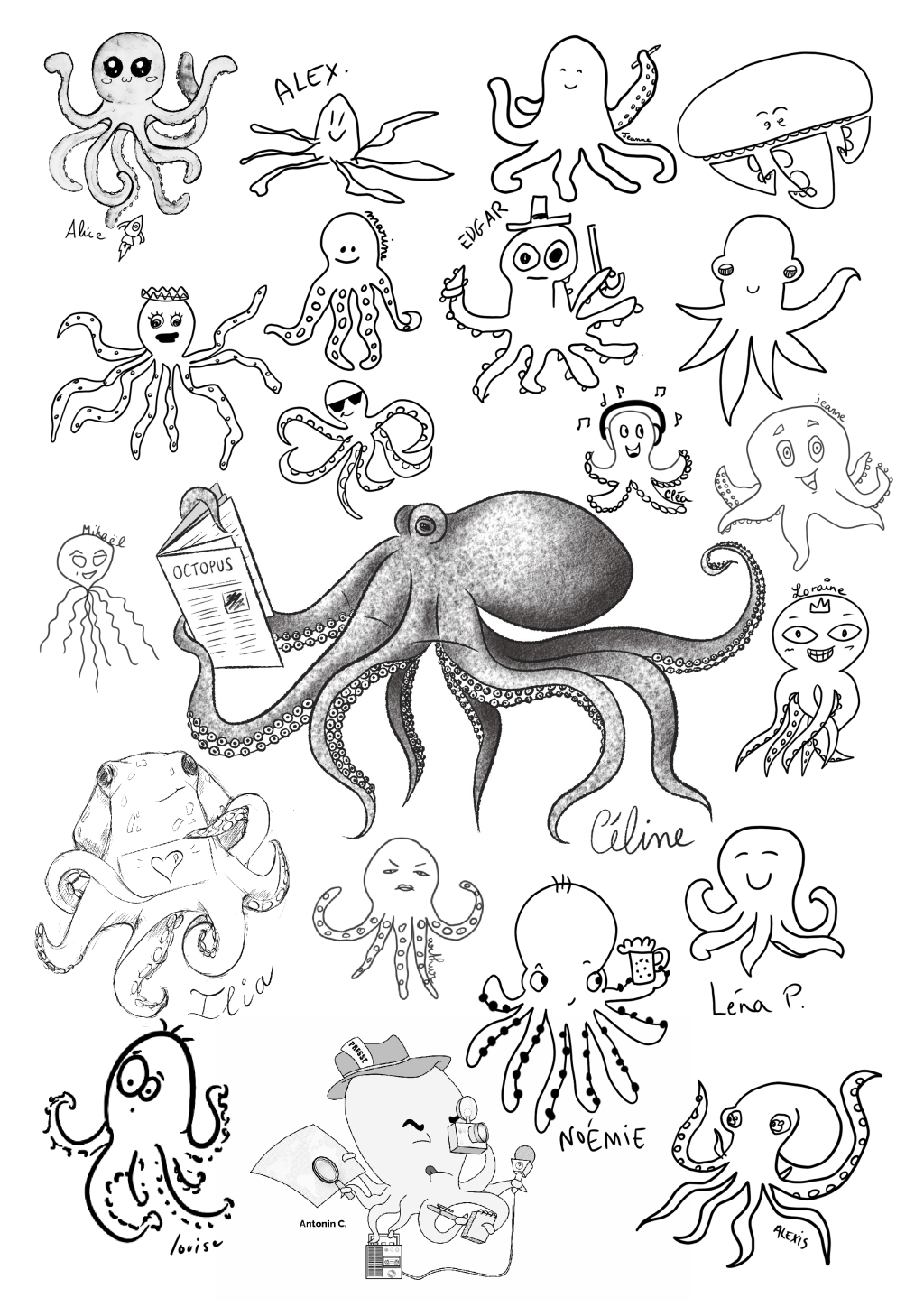 Portraits de poulpes dessinés par l'équipe de l'octopus !